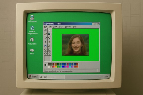 Retro CRT monitor showing Windows 95 Paint with a portrait on a bright green desktop.