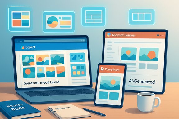 Desk with multiple devices displaying AI design tools Copilot, Designer, PowerPoint and a coffee mug.