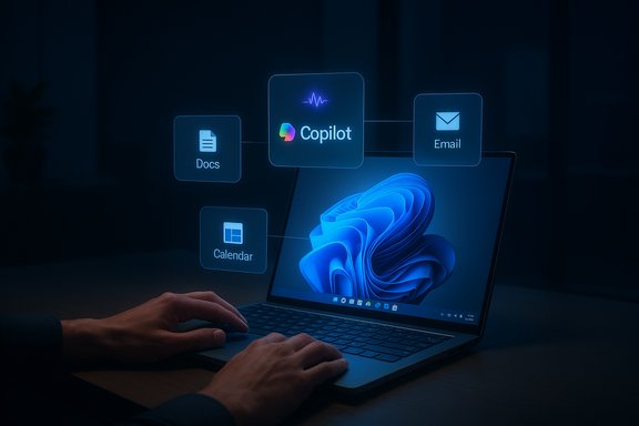A laptop with floating holographic icons for Docs, Copilot, Email, and Calendar.