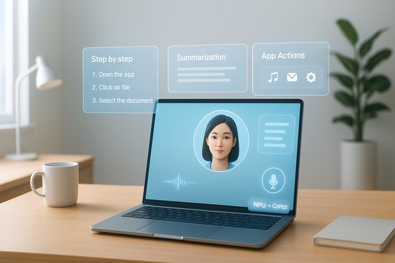 A laptop on a desk shows holographic AI assistant panels with an avatar and steps.