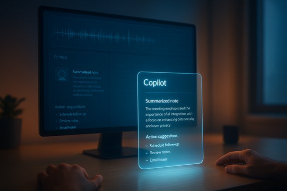 A glowing holographic Copilot note card floats above a desk beside a monitor.