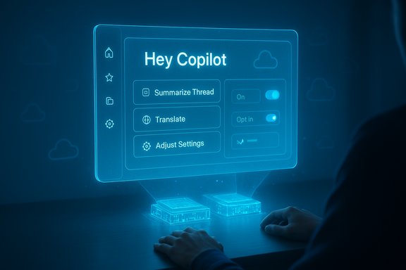 Blue holographic dashboard reading Hey Copilot with options to summarize, translate, and adjust settings.