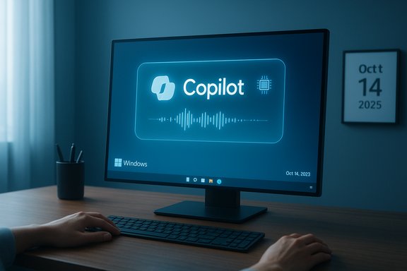 A Windows desktop displays Copilot with a waveform graphic on a modern desk.