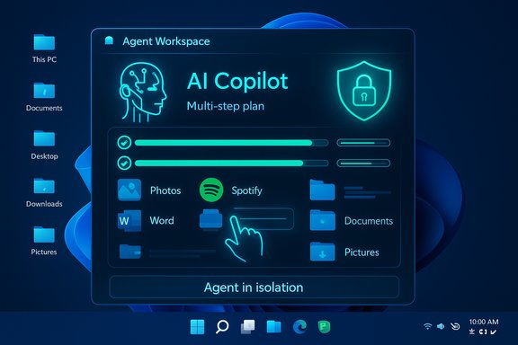 Neon blue AI Copilot dashboard overlay on a Windows desktop, displaying a multi-step plan and icons.
