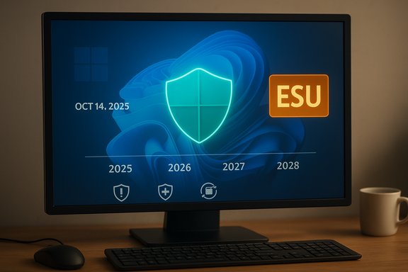 Desktop monitor shows a security timeline (2025–2028) with a glowing shield and ESU badge.