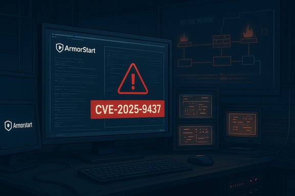 A computer monitor displays a CVE-2025-9437 security warning with ArmorStart in a dark tech lab.