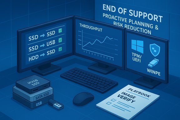 A blue-toned workstation with three monitors displaying disk migrations, a throughput chart, and TPM/UEFI icons. A blue-toned workstation with three monitors displaying disk migrations, a throughput chart, and TPM/UEFI icons.