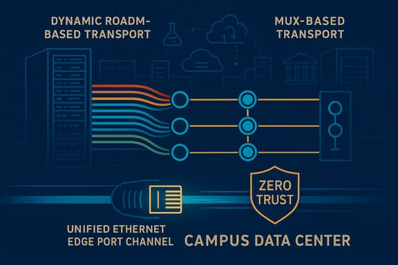 Diagram of dynamic ROADM-based and mux-based transport with unified Ethernet edge port channel in a campus data center.