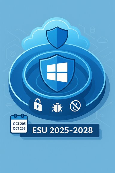 Blue security-themed illustration showing cloud, shield, and Windows-like emblem with ESU 2025-2028. Blue security-themed illustration showing cloud, shield, and Windows-like emblem with ESU 2025-2028.