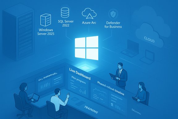Blue-toned training room featuring a Windows-based live dashboard and cloud icons.