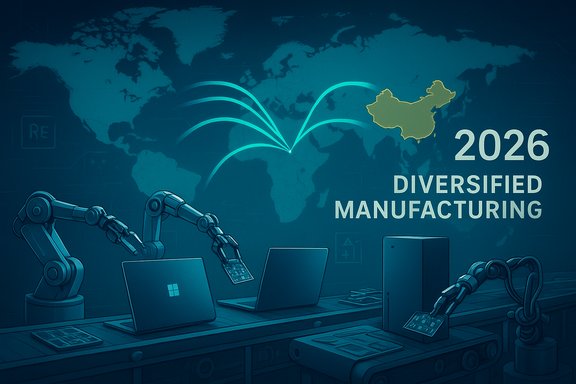 World map backdrop with robotic arms assembling parts on a factory line for 2026 diversified manufacturing.