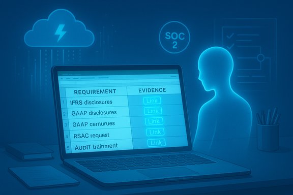 Blue-toned laptop shows a compliance checklist with evidence links (IFRS/GAAP disclosures).