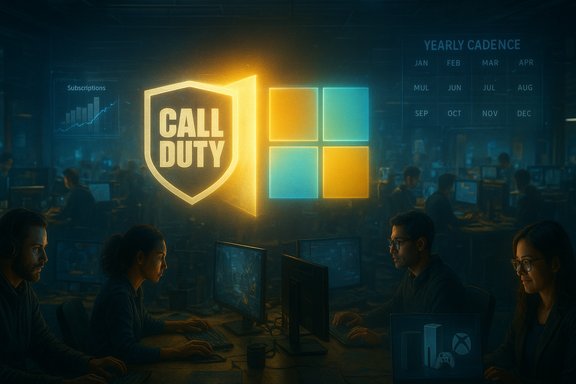 Dark, high-tech office where gamers sit at desks, lit by a glowing 'CALL DUTY' shield beside Windows logo.