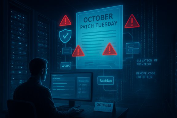 A security analyst monitors an October Patch Tuesday alert with multiple warning icons.