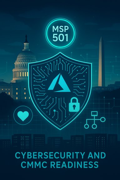 Neon cyber security poster featuring a shield, MSP 501 badge, and 'CMMC Readiness' text.