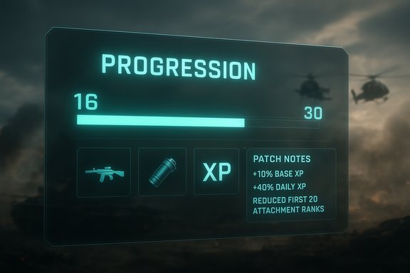 Futuristic HUD shows progression 16/30 with weapon, XP icon, and patch notes.