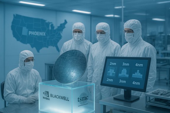 Researchers in cleanroom suits examine a silicon wafer in a high-tech chip lab.