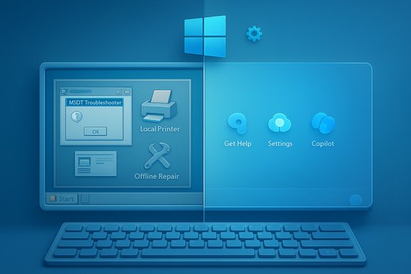 Blue Windows-style UI split in half: troubleshooting/printer tools on the left, Get Help, Settings, and Copilot on the right.