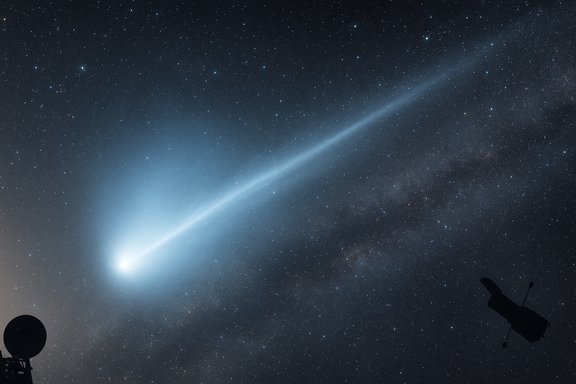 A bright blue comet streaks across a starry night sky, with silhouetted telescopes on the horizon.