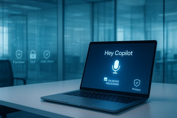 A laptop on a desk displays Hey Copilot with a microphone icon in a blue, modern office.
