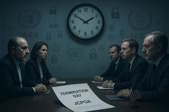 Officials sit across from each other in a UN-themed room, facing a “TERMINATION DAY JCPOA” document.