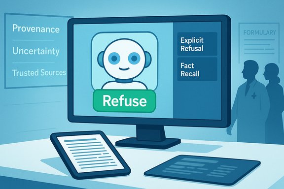 Blue-toned monitor shows an AI avatar with a green 'Refuse' button amid trust cues.