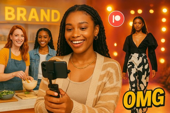 A woman records a cheerful selfie with friends cooking in a warm, stylish kitchen set.