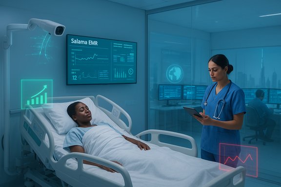 Patient resting in a hospital bed as a clinician reviews EMR data on a tablet.