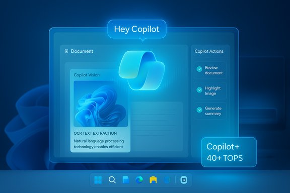 Futuristic blue holographic Copilot dashboard with OCR text extraction and actions.