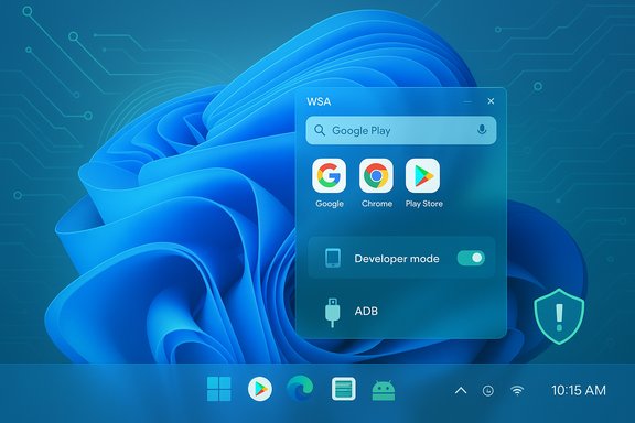 WSA window showing Google apps with Developer mode and ADB on a blue circuit background.