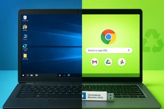 A laptop shows Windows on the left and Chrome OS on the right, with a Chromebook Recovery USB.