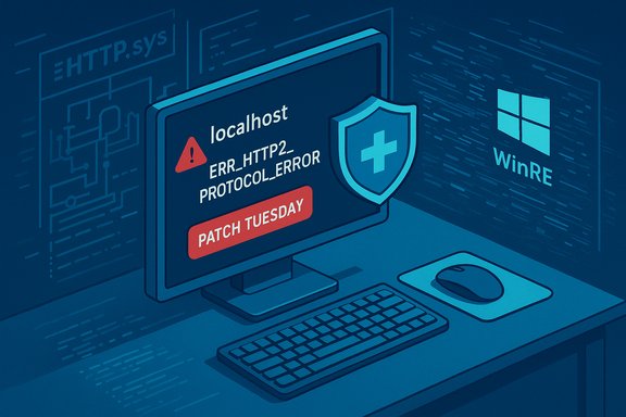 Computer monitor shows a Patch Tuesday alert for localhost HTTP/2 protocol error.