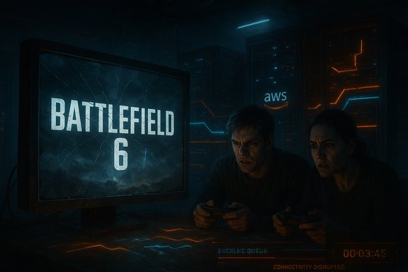 Two players crouch with controllers as Battlefield 6 glows on a cracked screen in a neon server room.