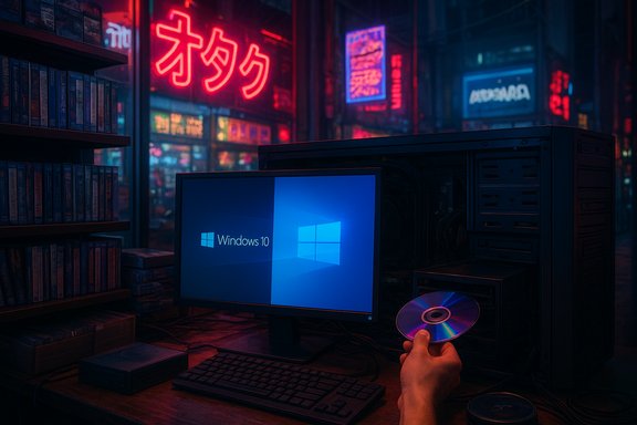 Windows 10 PC in a neon-lit room, hand holding a CD toward the drive.