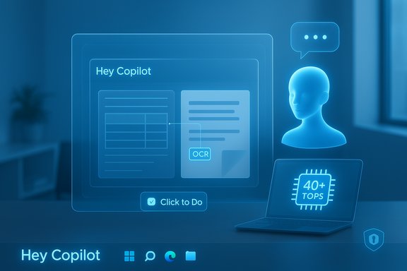 A blue holographic UI titled 'Hey Copilot' displays OCR documents, chat bubble, avatar, and a laptop.