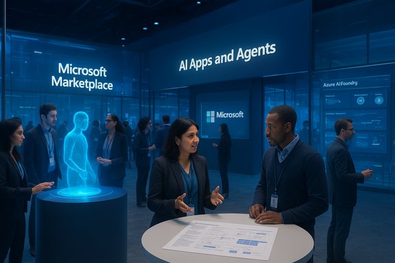 Professionals discuss AI apps at a Microsoft Marketplace booth, beside a glowing holographic figure.