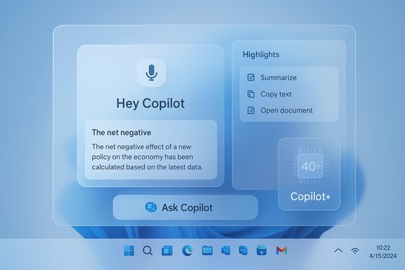 Blue translucent UI mockup showing 'Hey Copilot' with a Highlights panel including Summarize, Copy text, Open document.