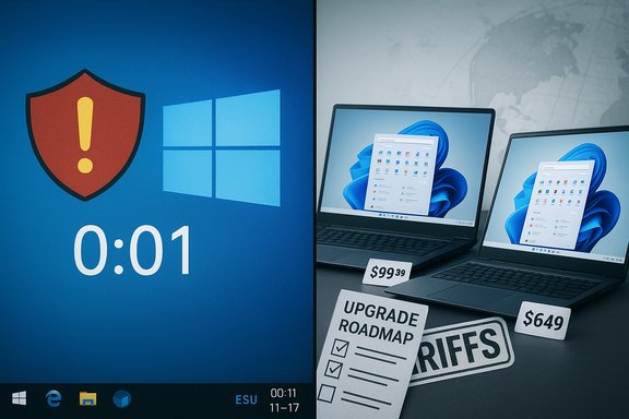 Windows security shield with a 0:01 countdown beside laptops showing an upgrade roadmap and prices.