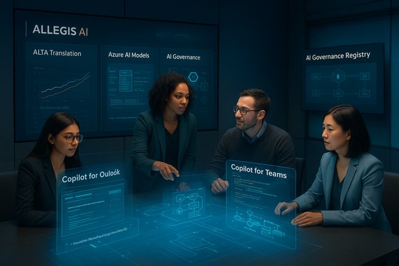 A diverse team discusses AI tools around holographic copilot displays in a blue-lit conference room.