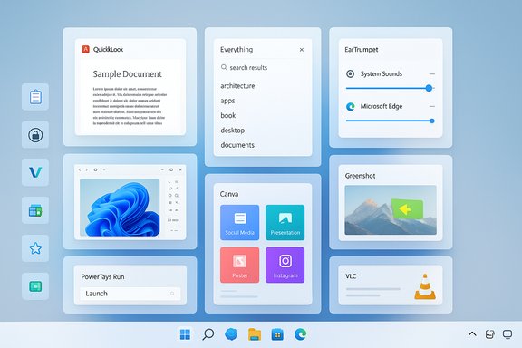 Blue Windows-like desktop layout with rounded app cards and widgets.