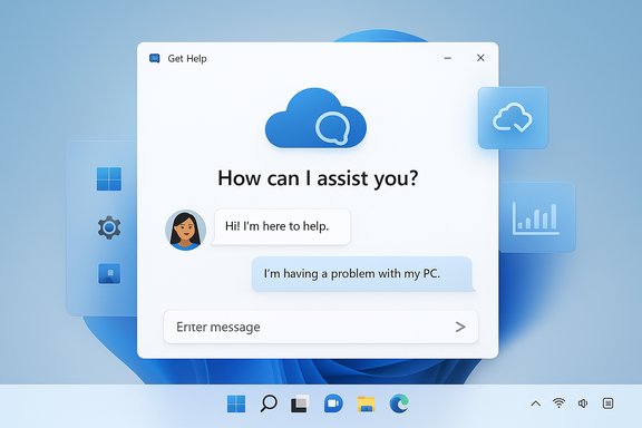 Windows help chat popup on a blue Windows 11 desktop, asking how can I assist you.