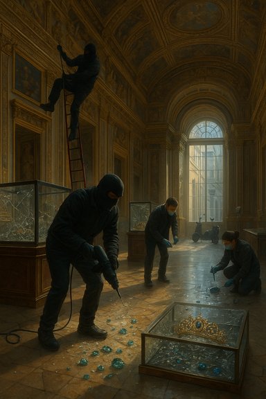 Masked thieves in a gilded hall loot a jeweled crown from a glass display case.