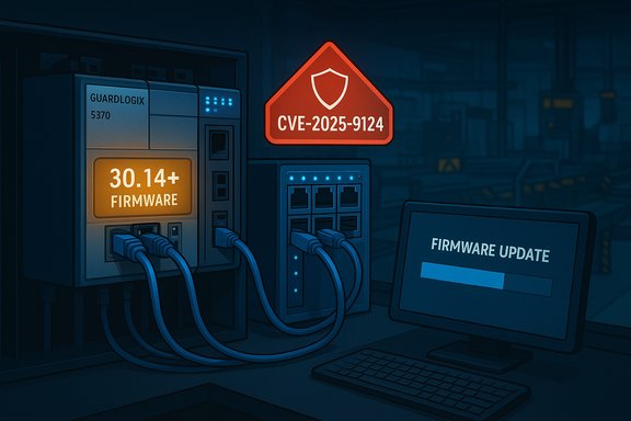 A firmware update in a data center, featuring a CVE-2025-9124 warning sign.