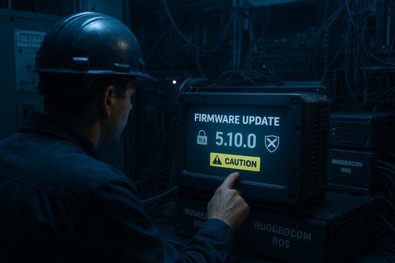 A technician wearing a hard hat updates firmware on a rugged network device in a dim server room.