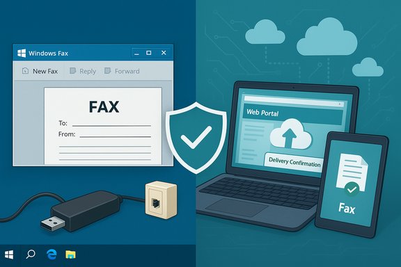 Split-screen: Windows Fax app on the left and a cloud-based web portal on laptop and tablet on the right.