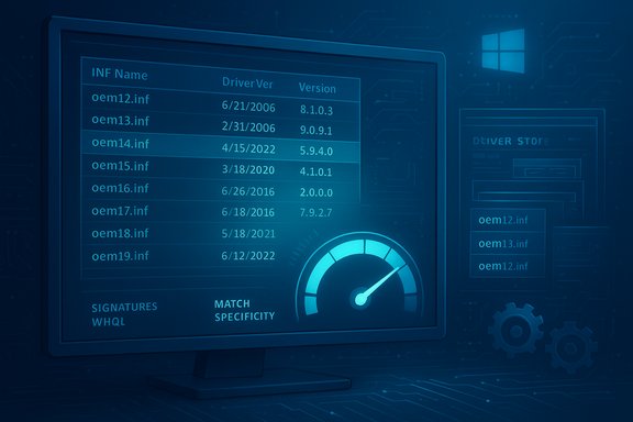 Blue-toned monitor shows a list of OEM .inf driver files with versions and a speedometer gauge.