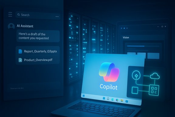 Futuristic AI workspace with chat UI, Copilot laptop, and blue server racks.