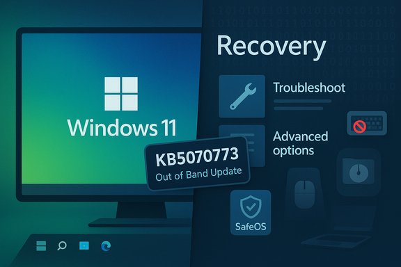 Windows 11 recovery screen with an out-of-band update banner KB507073.