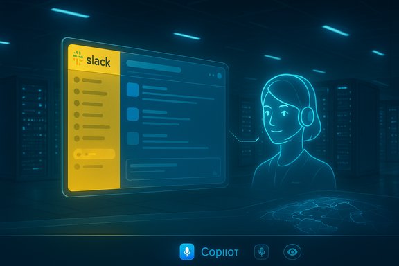 Slack chat UI glows on a neon screen beside a headset-wearing AI assistant in a data center.