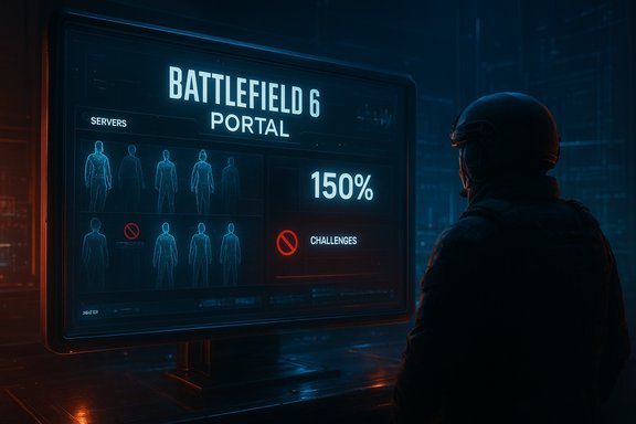 A helmeted soldier studies the Battlefield 6 Portal HUD on a blue-lit console.